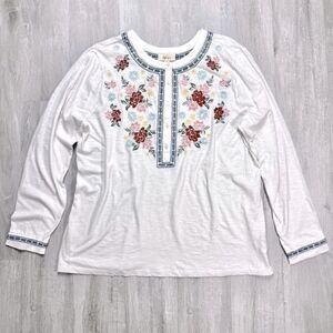 White 100% Cotton Peasant Long Sleeve Embroidered Top XL